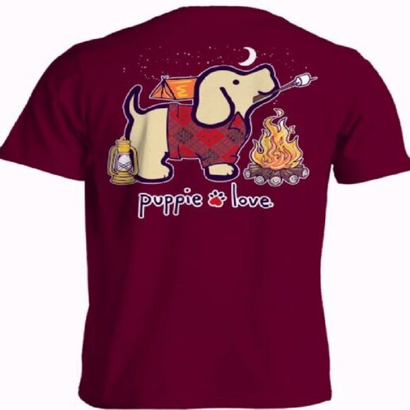 Puppie Love Dog Camping Pup and Toasted Marshmallows Short Sleeve T-Shirt NEW - Picture 1 of 6